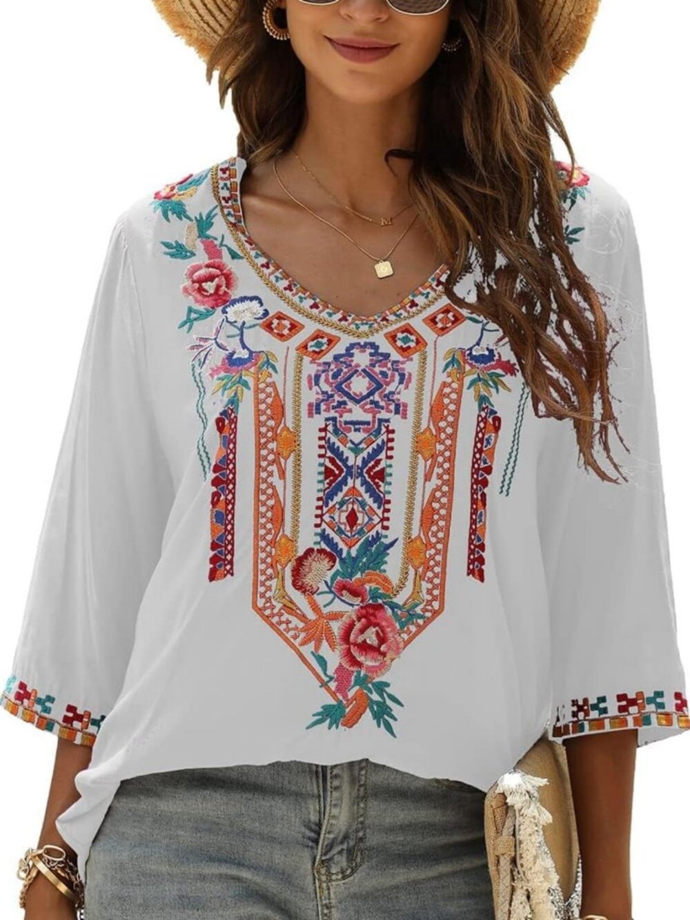 Boho Embroidery V-Neck 3/4 Sleeve Summer Tunic Top - Casual Loose Blouse